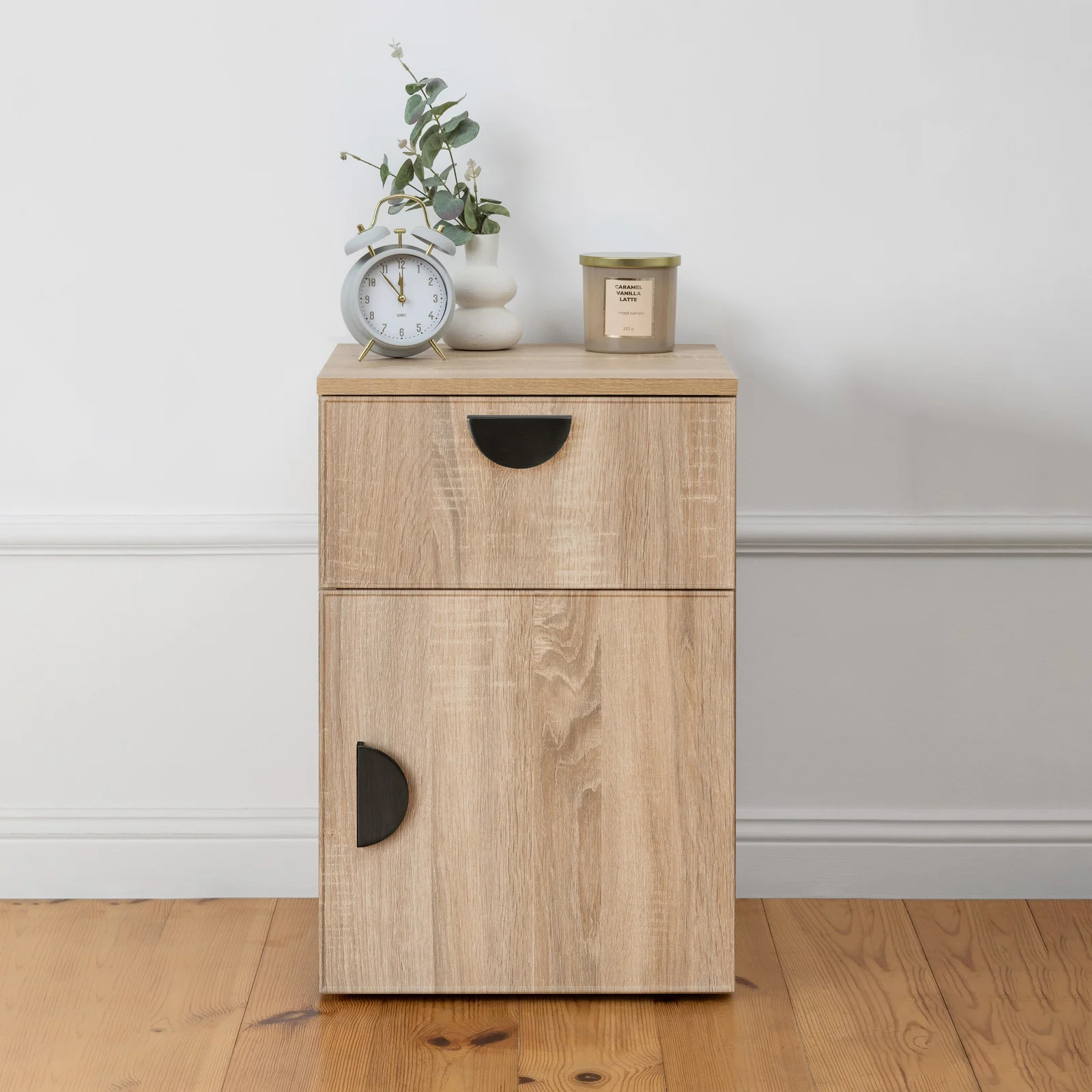 PORTO BEDSIDE TABLE - NATURAL OAK - SLIM - HALF MOON BLACK