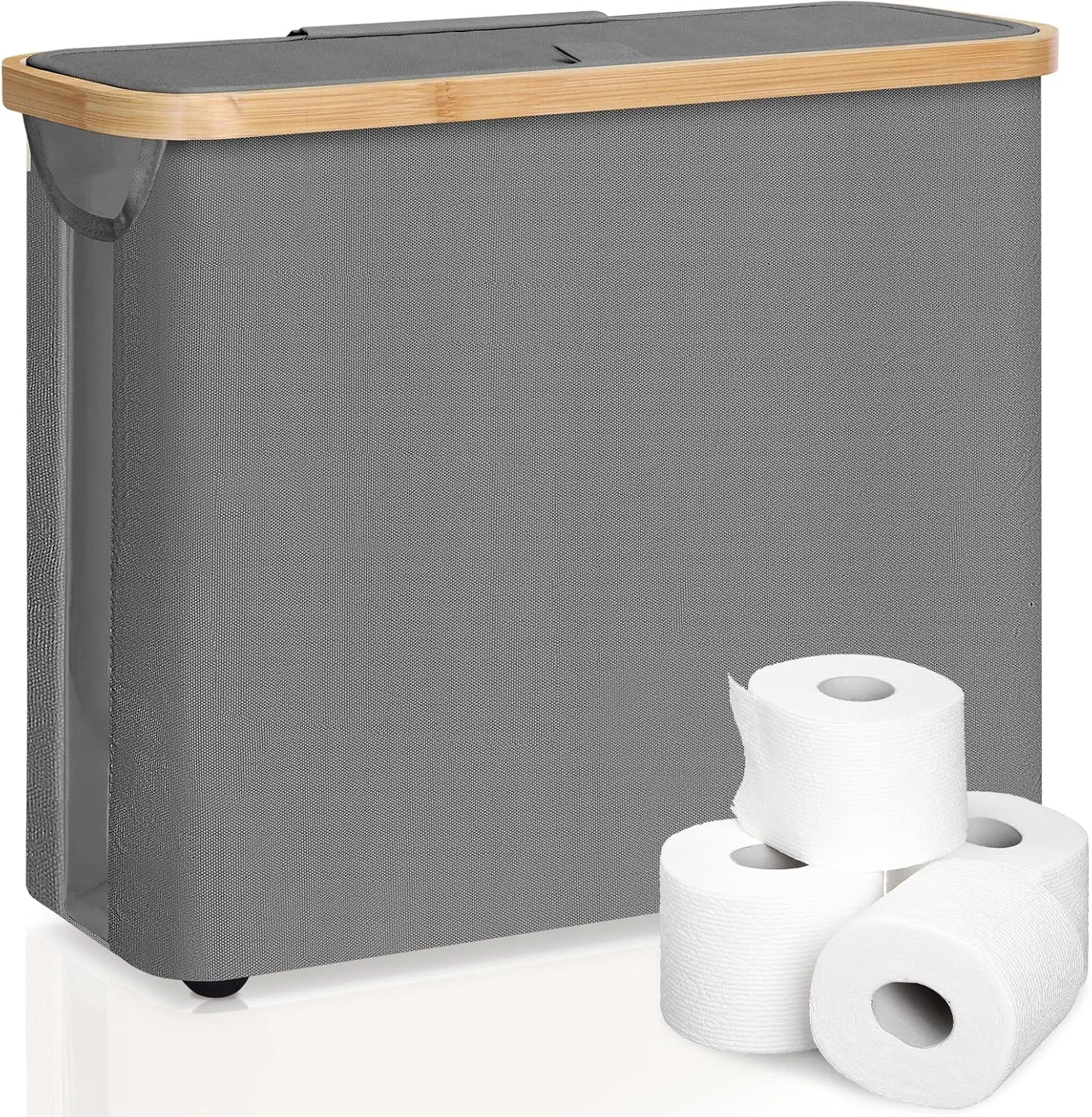 CARLA HOME Toilet Paper Storage Basket Holds Up to 12 Rolls with Bamboo Lid and Handle for RV Closet (Grey)