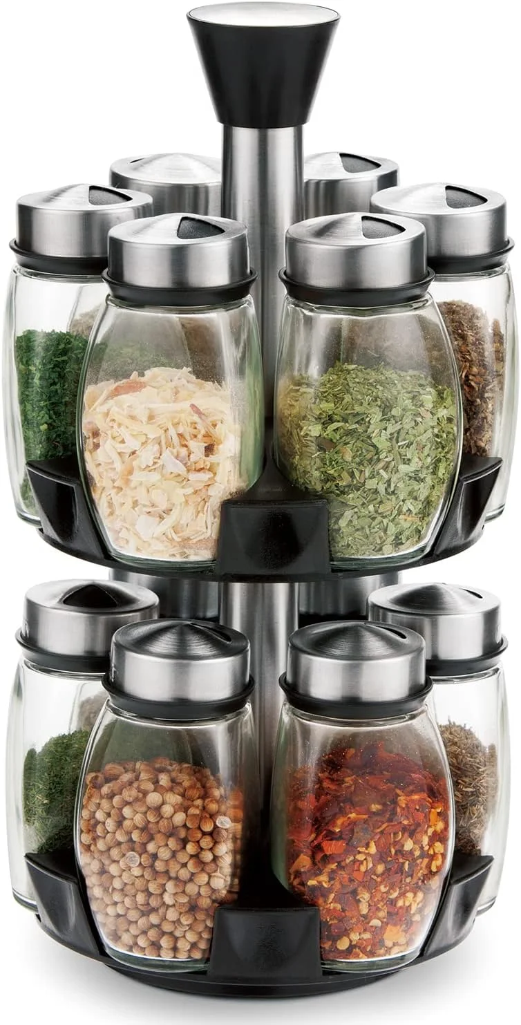 CARLA HOME Rotating Spice Rack Organizer with 16 Glass Jars for Kitchen Seasoning and Herb Storage