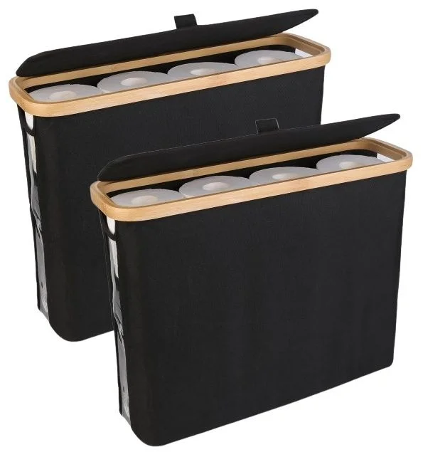 CARLA HOME 2 pack Toilet Paper Storage Basket Holds Up to 12 Rolls with Bamboo Lid and Handle for RV Closet (Black)