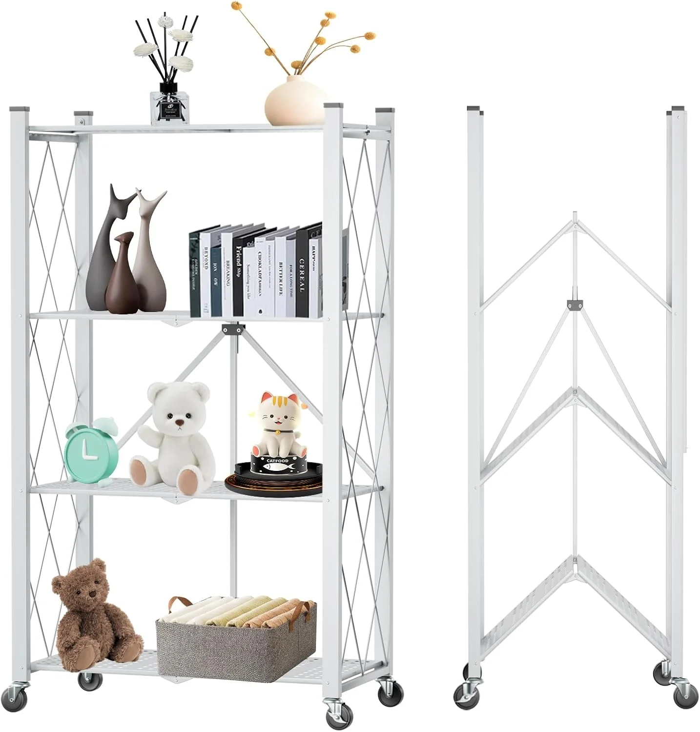 CARLA HOME 4-Tier Foldable Storage Shelf with Wheels for Kitchen, Garage, Pantry or Basement (White)