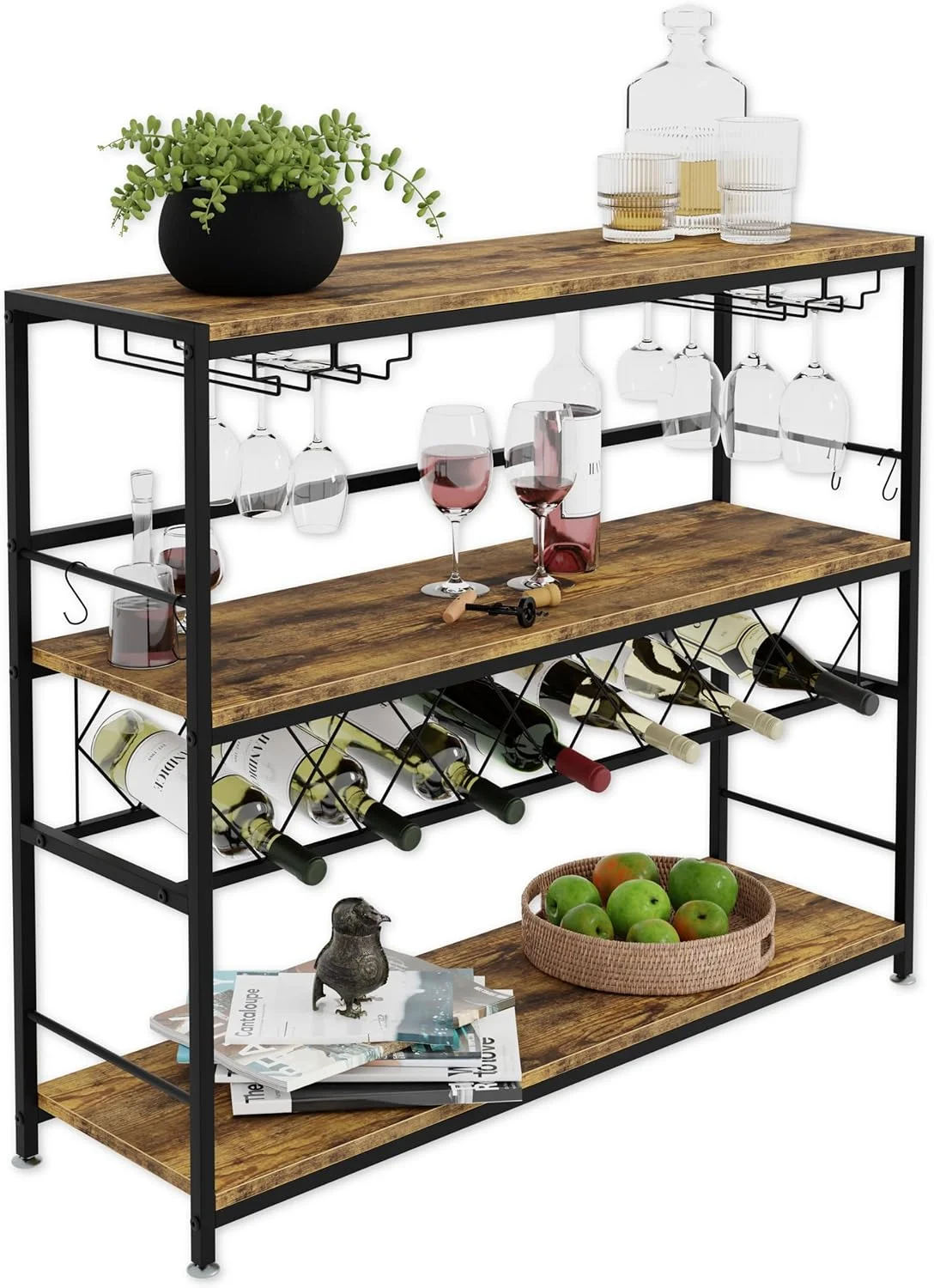 CARLA HOME Large Wine Rack with Glass Holder, Metal Designed Bottle Holder and Wood Countertop for Wine & Champagne