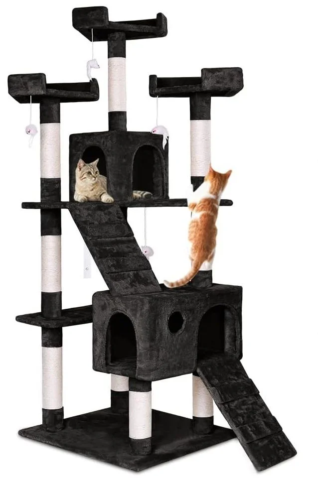 CARLA HOME 180cm Cat Tree Tower for Indoor Cats with Dual Condos, Plush Perches, Sisal Scratching Posts & Ramps for Kittens & Adult Cats (Black)