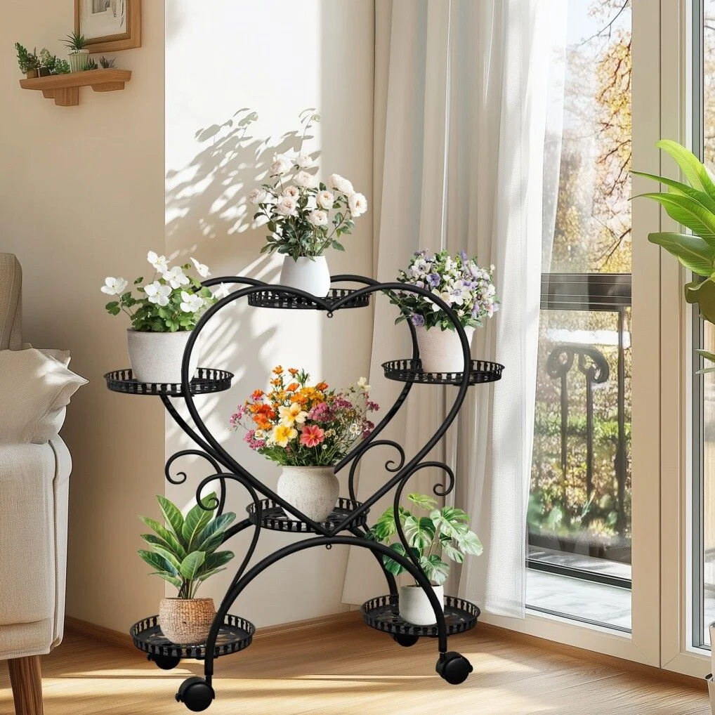 Rolling Metal Plant Stand Indoor Outdoor Garden Display Shelf