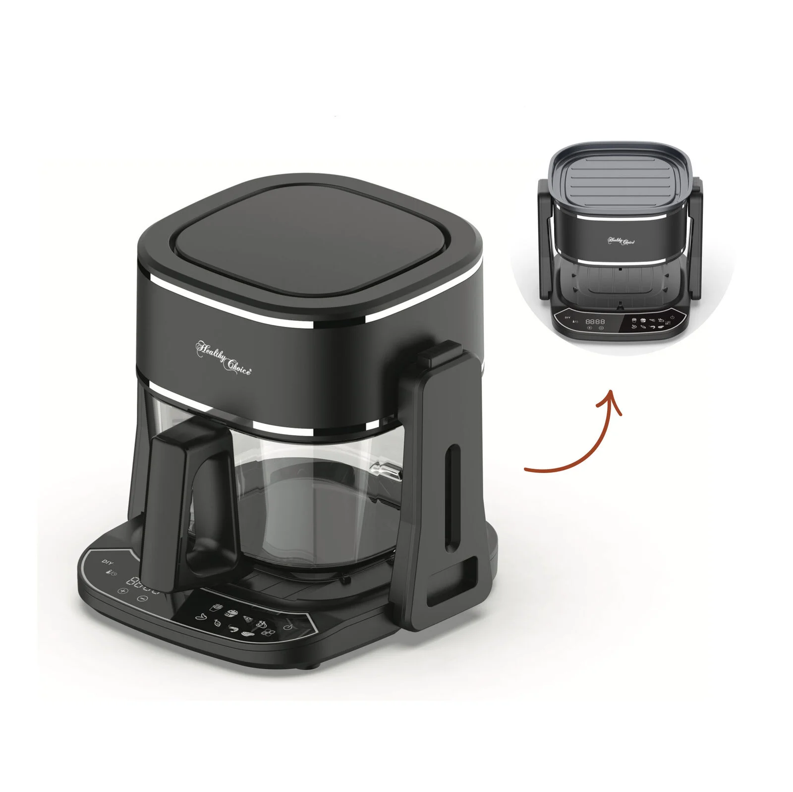 5L 2in1 Air Fryer and Grill, 1400W, Digital Touch Control, Clear Glass Cooking Basket