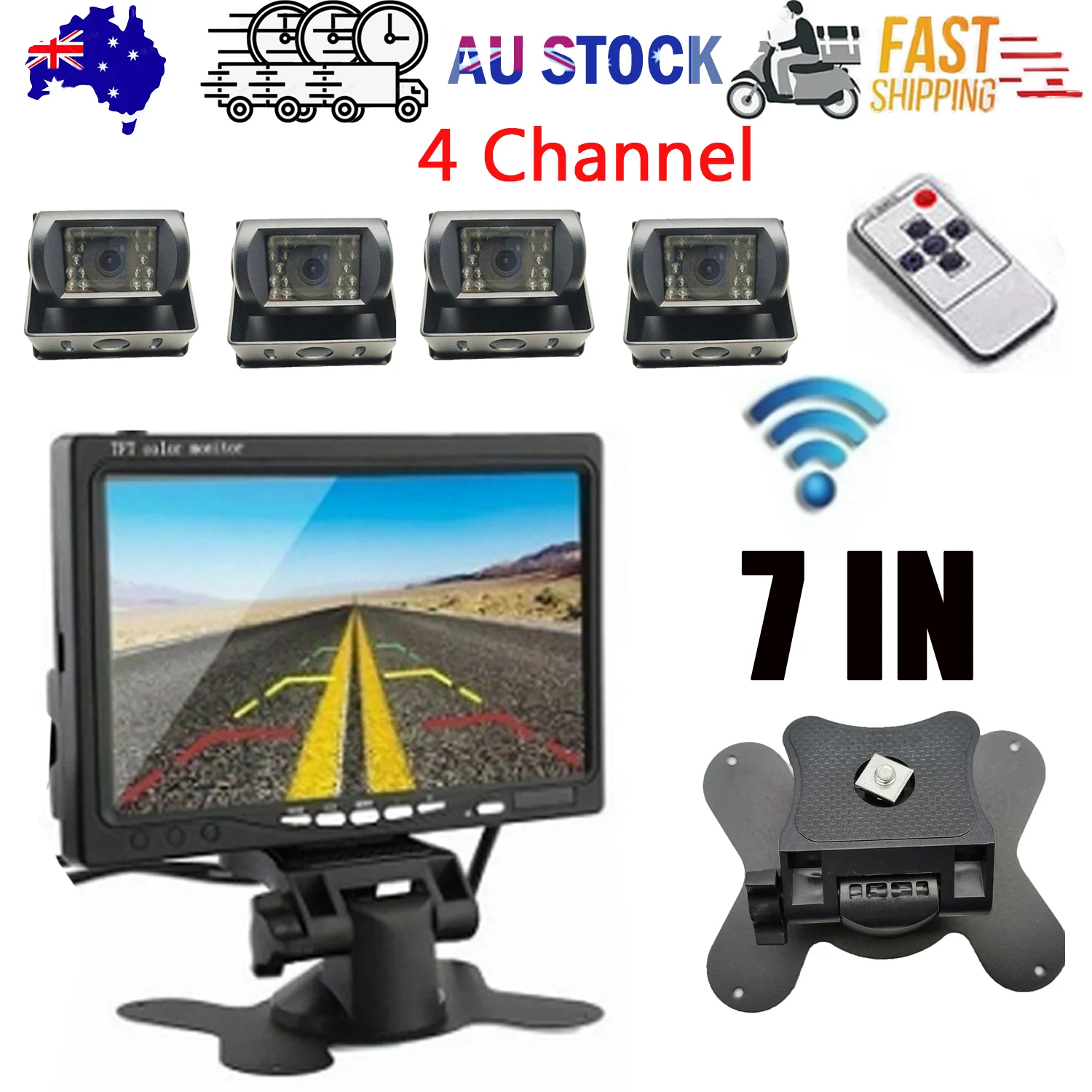 Wireless 4-Channel Split 7" Screen Monitor w/4 Reversing Camera Kit for Truck Trailer Bus