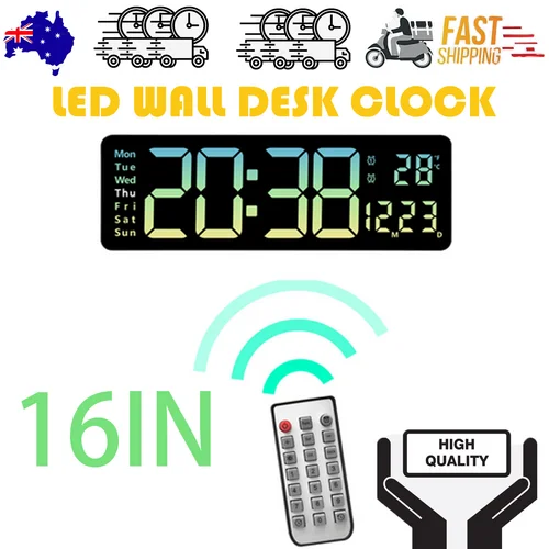 16" Green gradient color Large Digital Big Jumbo LED Wall Desk Clock Display With Temperature Calendar