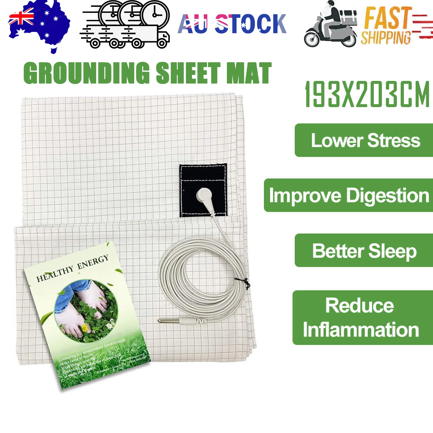 Bed Earthing Sheet Grounding Sheet Mat Large Bed Sheet Flat Sheet W/AU Plug193x203cm