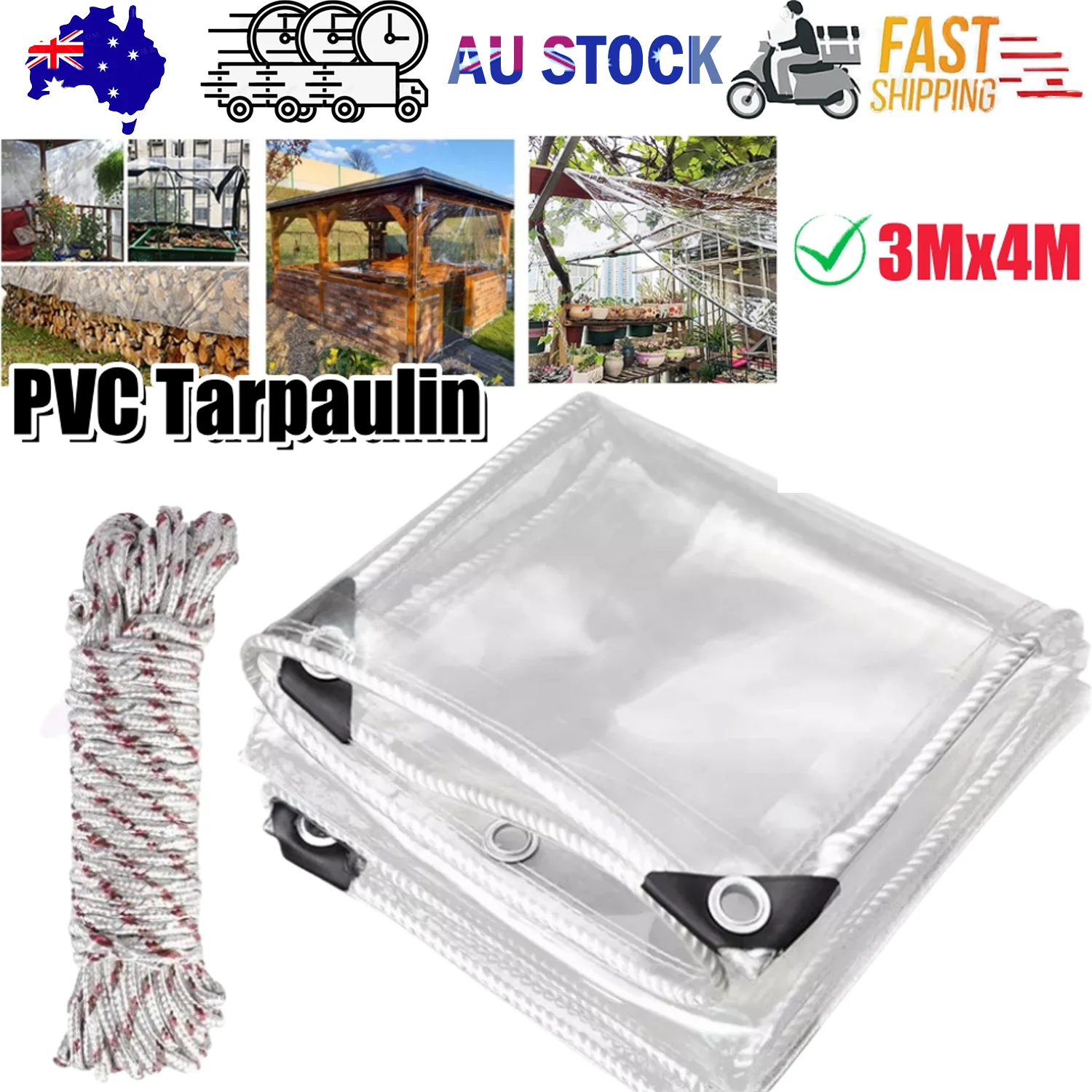 420GSM Heavy Duty Clear PVC Tarpaulin Cloth Transparent Tarps Grommets 3X4M