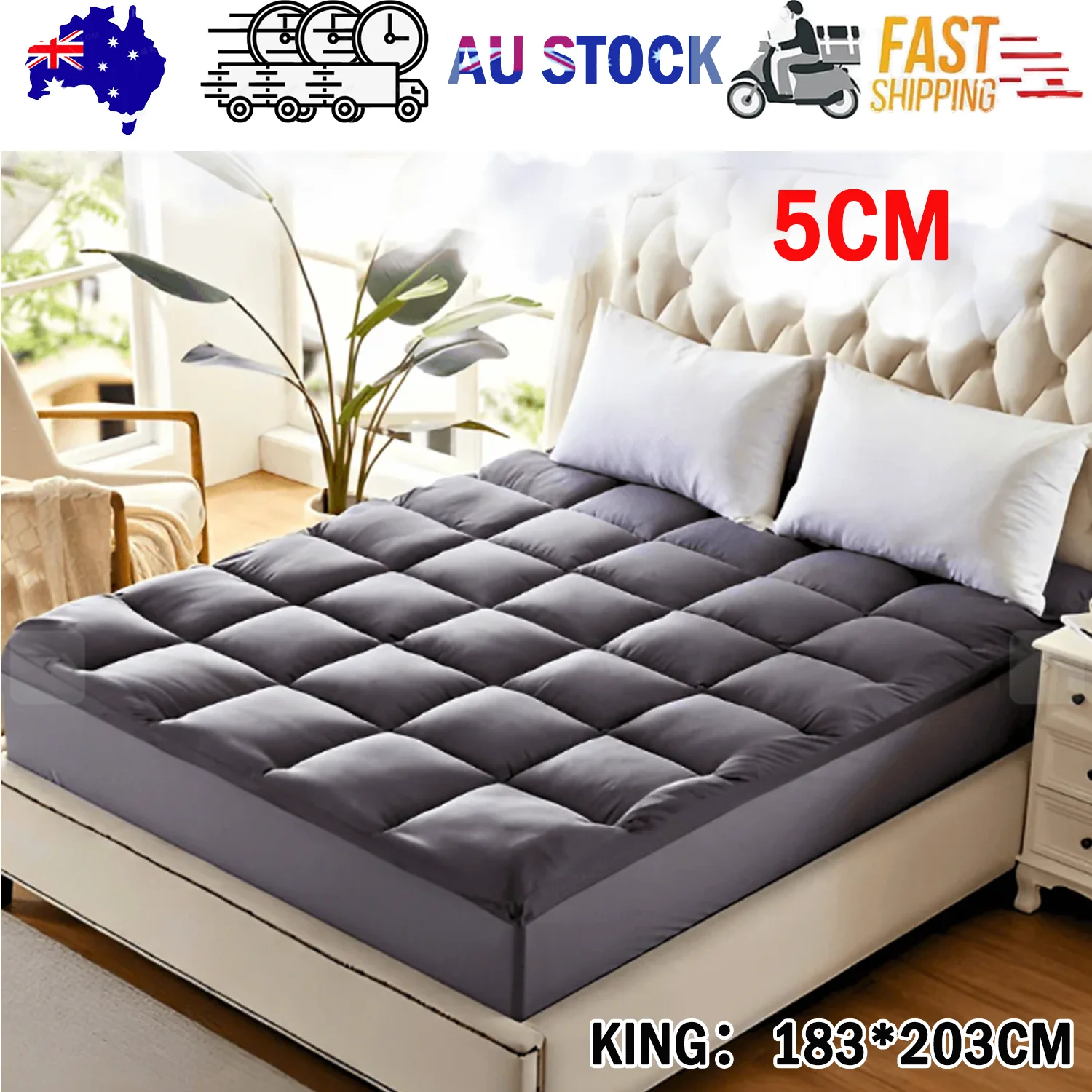 5CM Bedding Luxury Pillowtop Mattress Topper Mat Pad Antibacterial and dust mite-resistant King:183*203cm