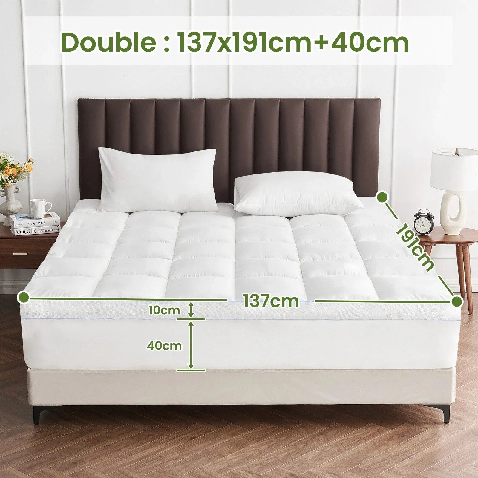 1500GSM Bamboo Mattress Topper Extra Thick 10CM Bed Topper Double: 137 x 191 + 40 cm