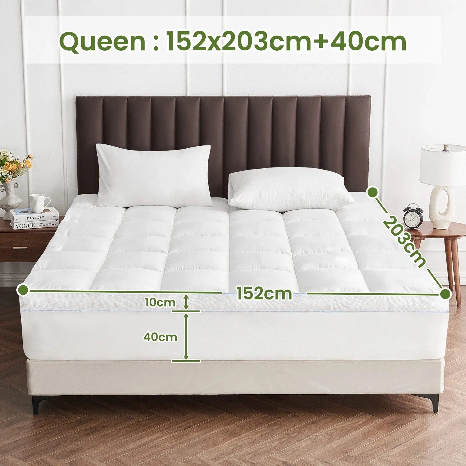 1500GSM Bamboo Mattress Topper Extra Thick 10CM Bed Topper Queen: 152 x 203 + 40 cm
