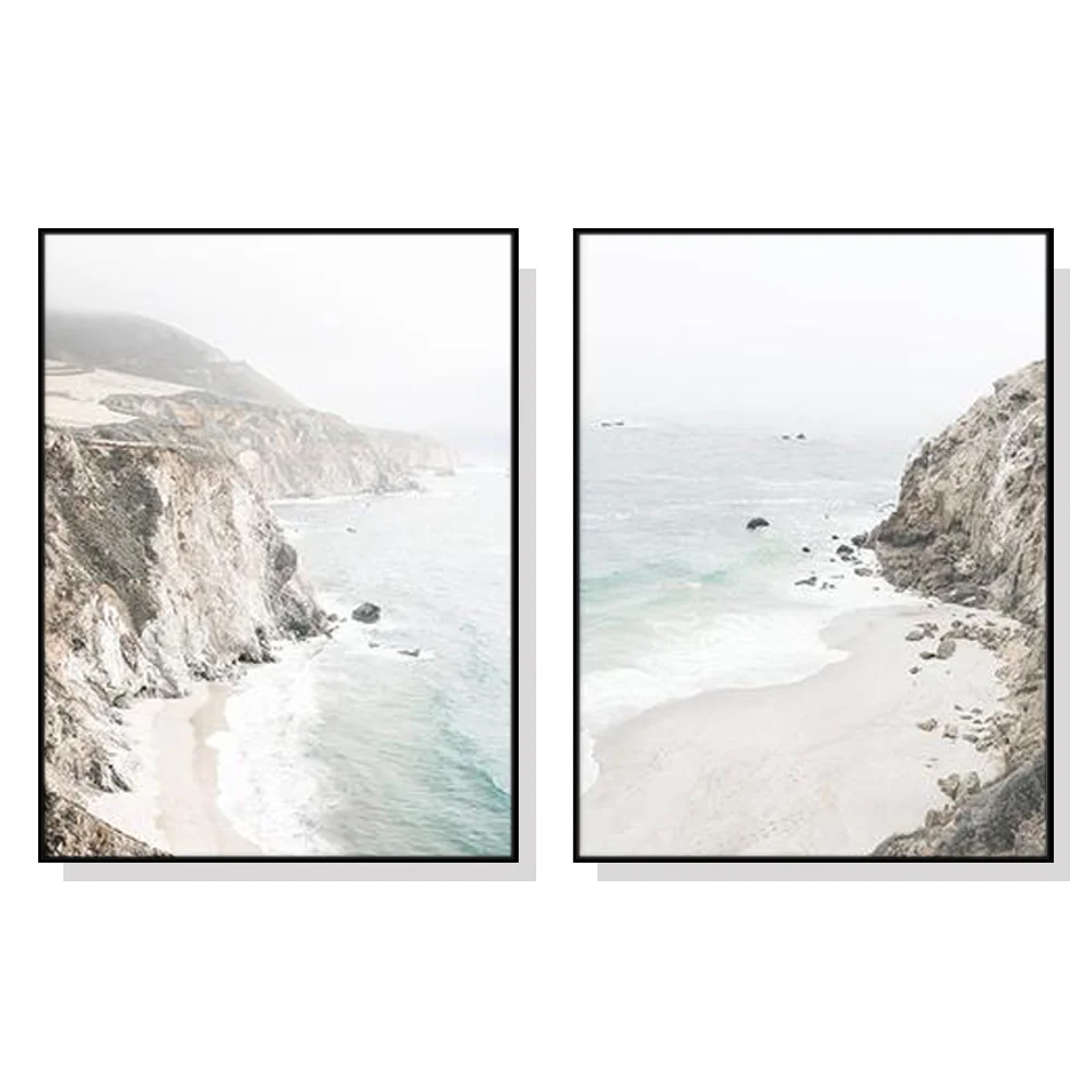 Wall Art 40cmx60cm Mountain Beach 2 Sets Black Frame Canvas