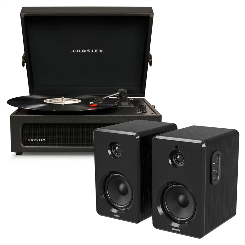 Crosley Voyager Bluetooth Portable Turntable - Black + Bundled Majority D40 Bluetooth Speakers - Bla