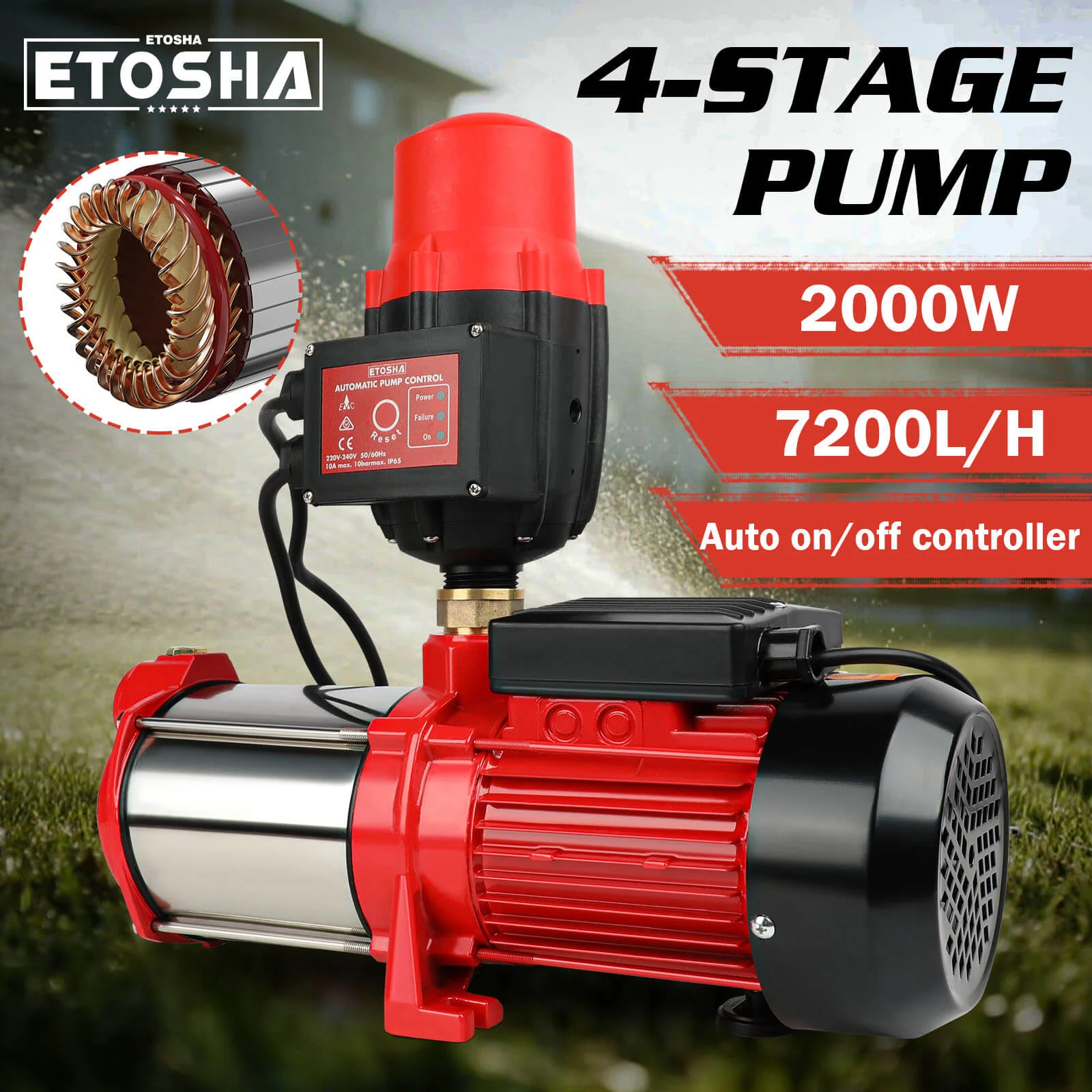 ETOSHA 2000W Garden Water Pump High Pressure 4-Stage Tank Farm Irrigation Pump