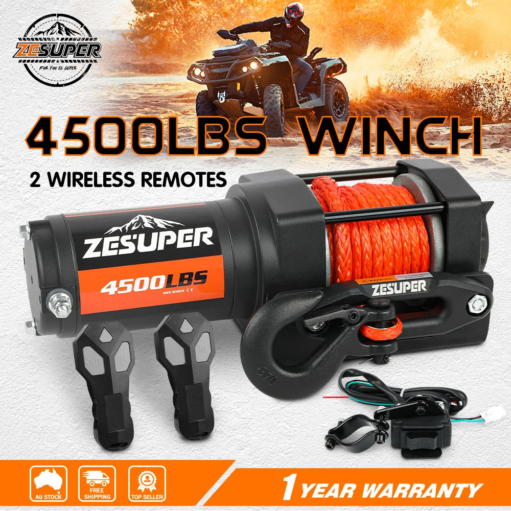 4500lb Electric Winch 12V Synthetic Rope Wireless RemoteX2 Boat Winch ATV Winch Kit Boat Winch UTV 4WD Black