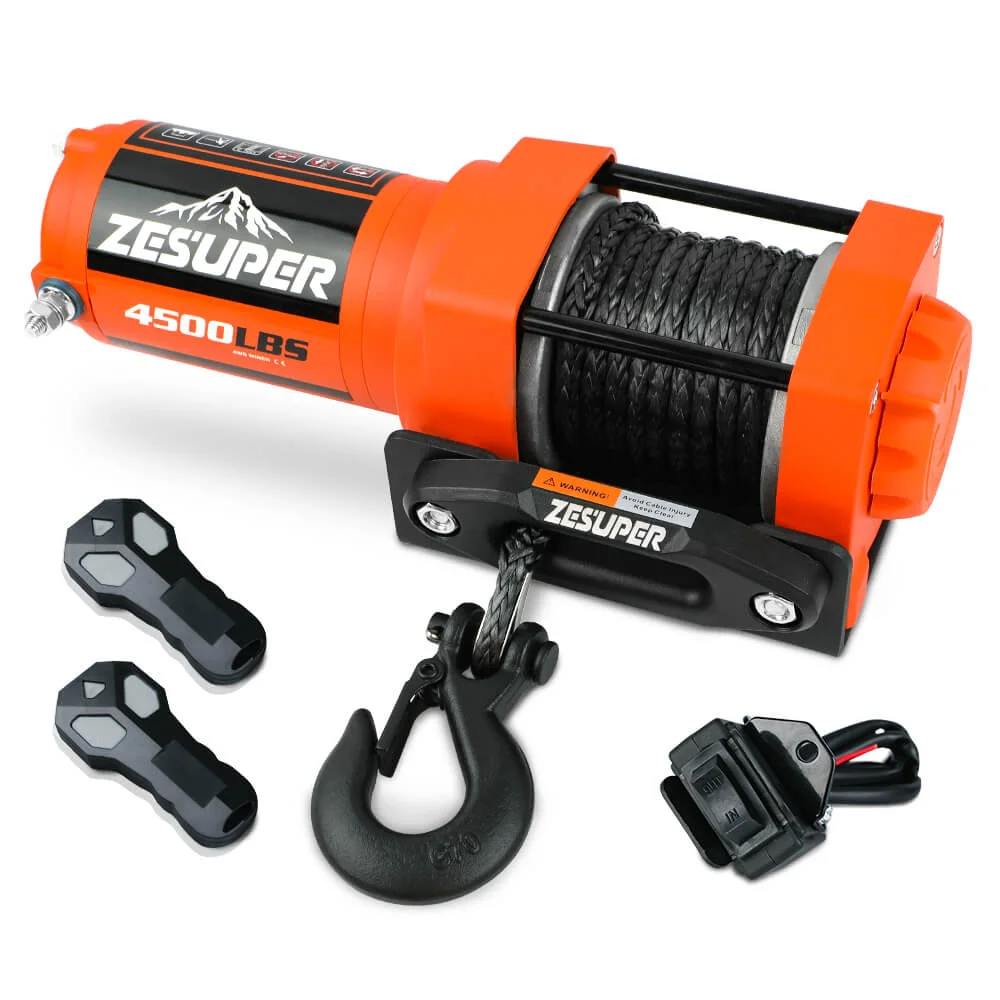 ZESUPER 4500lb Electric Winch 12V Synthetic Rope Boat Winch ATV Winch Kit Boat Winch UTV 4WD Wireless RemoteX2 Orange 
