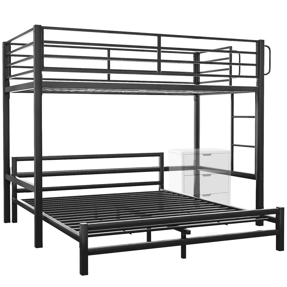 KINGSTON SLUMBER Metal Single Loft Bed And Double Underbed Frame, Multifunctional, Space Saving with Fixed Ladder, Matte Dark Grey