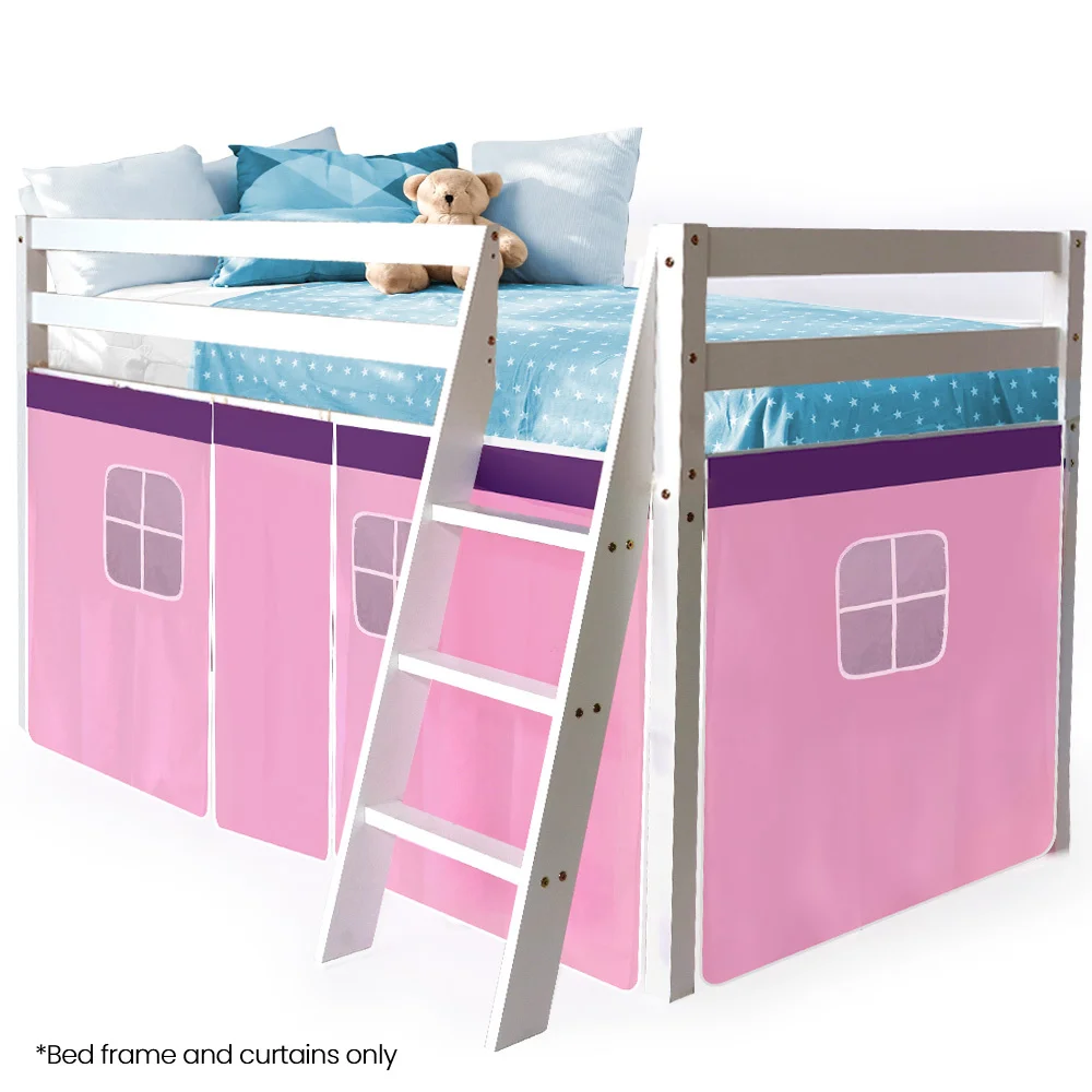 Kingston Slumber Wooden Kids Single Loft Bed Frame - Hiding Space Underneath with Interchangeable Pink and Blue Curtains