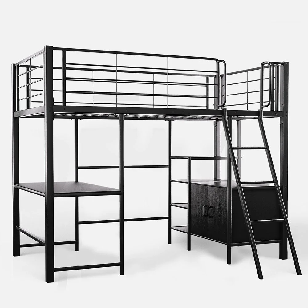 Gaming Loft Bed with Desk and Storage Cabinet, Steel Metal Frame, Space Saving Design, for Single Mattress, Matte Dark Grey