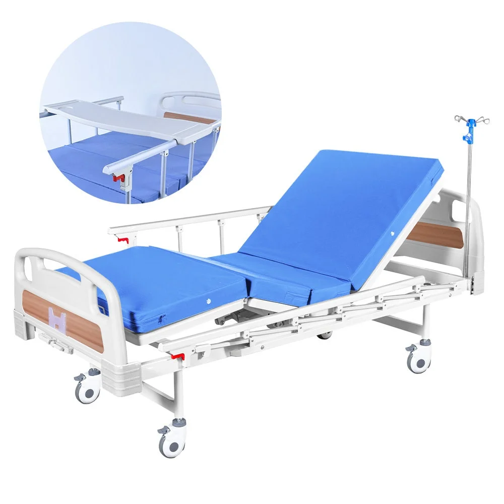 EQUIPMED 4 Function Medical Bed, w/ Mattress & Over Bed Table, Easy Manual Adjustable Back and Leg Incline, IV Pole