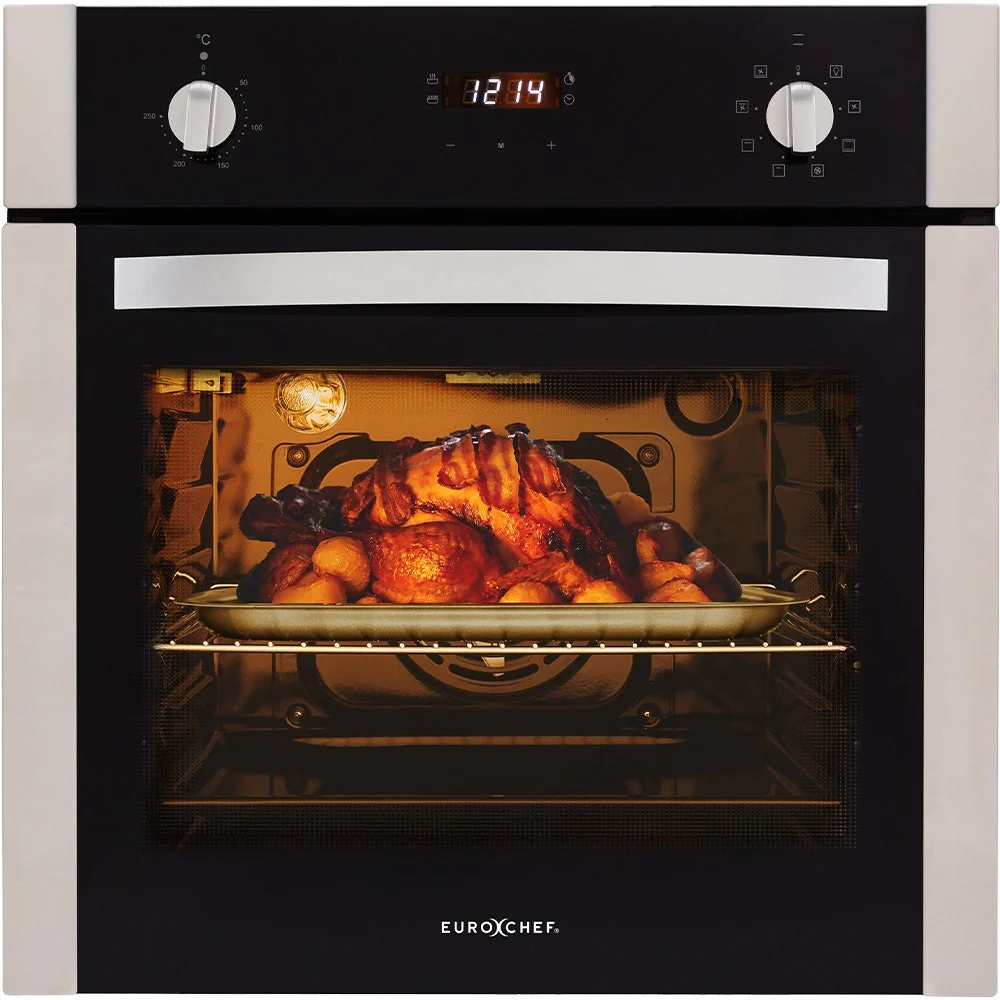 EuroChef 60cm Stainless Built-in 70L Grill 8 Function Fan Forced Electric Wall Oven