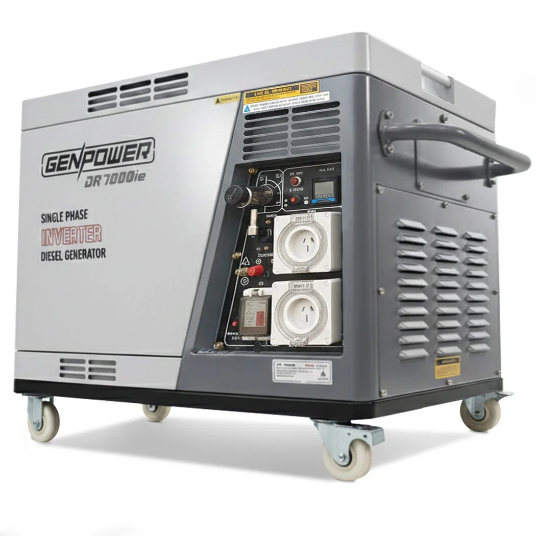 GENPOWER 6.5kW Peak 5kW Rated Diesel Inverter Commercial Generator, Electric Key Start, 2 x 15A, RCD Safety Switch, Wheels, Worksite, Home Backup