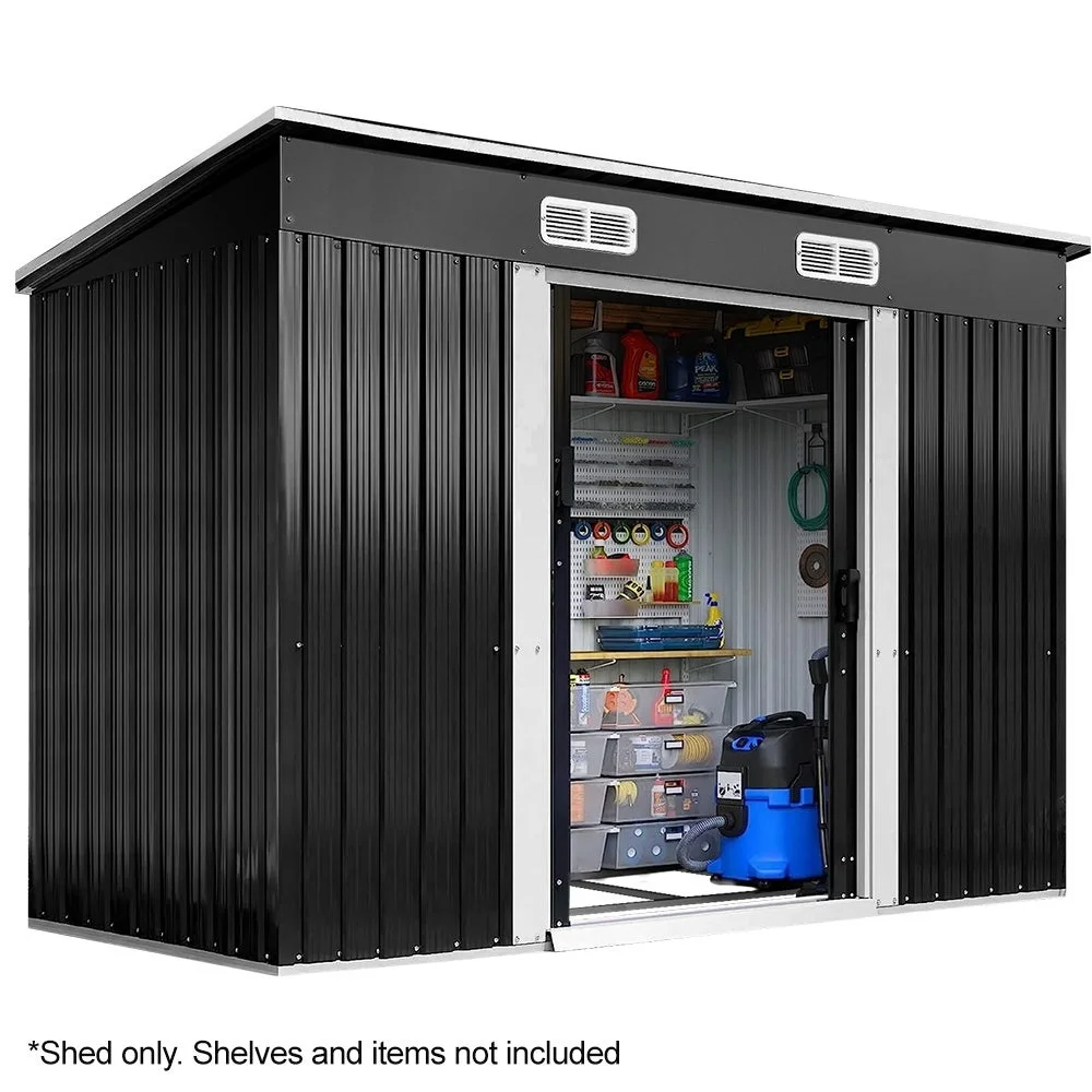 PlantCraft Galvanised Steel Garden Shed 2.38 x 1.31 x 1.82m, with 2 Sliding Doors, 2 Air Vents, Skillion Roof, Floor Frame