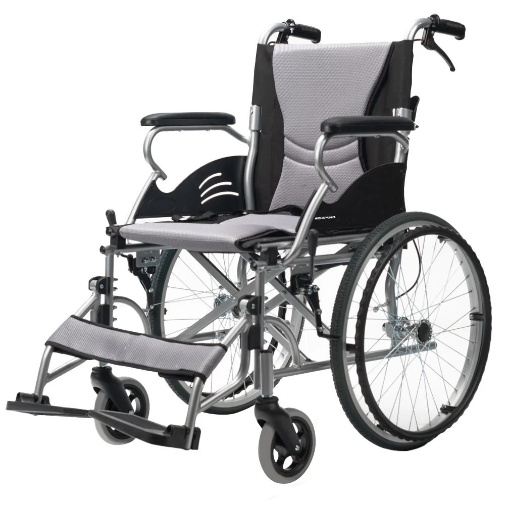 EQUIPMED Folding Aluminium Wheelchair, 20" Wheels, Park Brakes, 100kg Capacity, Grey/Black