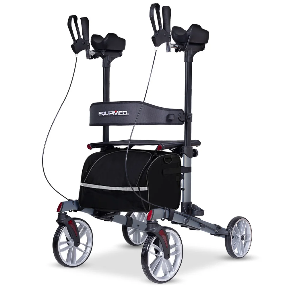 EQUIPMED Upright Rollator Walker with Forearm Rest Supports, Mobilty Aid with Seat, Grey