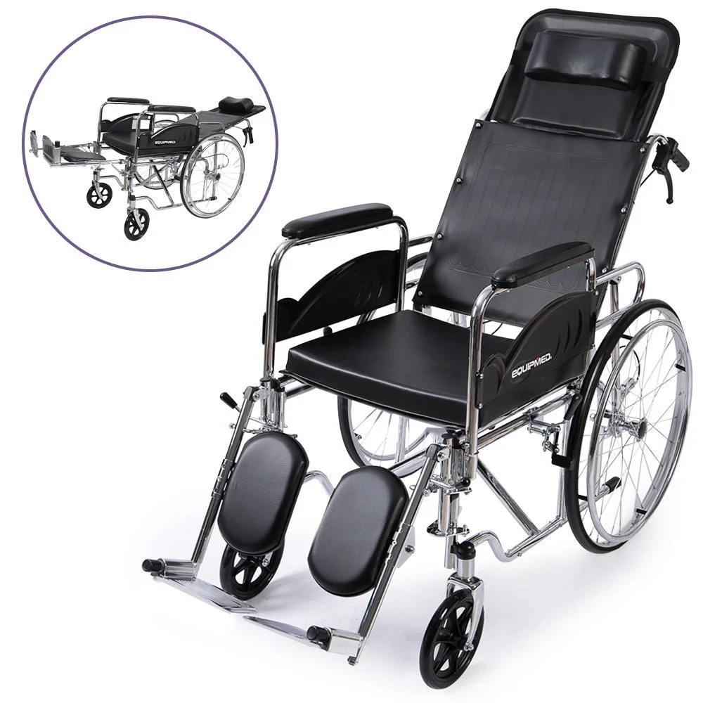 Equipmed Folding Manual Reclining Wheelchair Self Propelled, 24" Rear Wheels, Chrome Steel Frame, 46cm Wide Seat, 100kg Capacity, Park Brakes