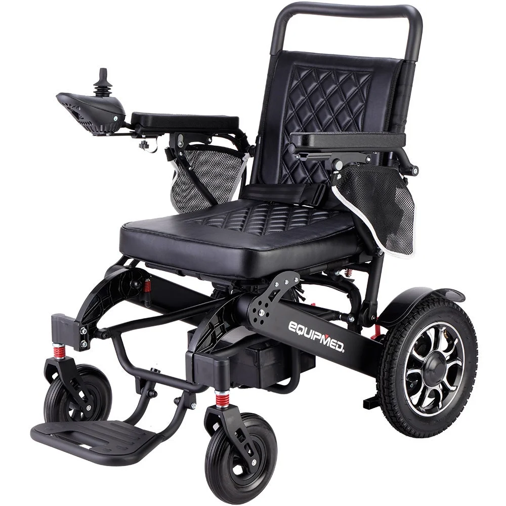 EQUIPMED Electric Folding Wheelchair, Long Range, Airline Approved, Aluminium Frame, Lithium Battery, Black