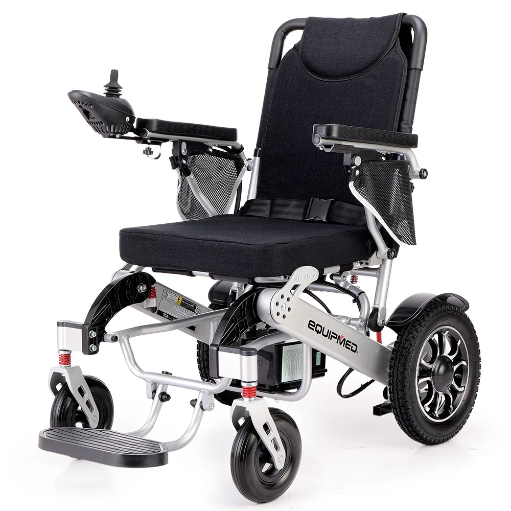 EQUIPMED Power Electric Wheelchair, Airline Approved Wheel Chair, Lightweight, Folding, Long Range, Lithium Batteries, Black & Silver