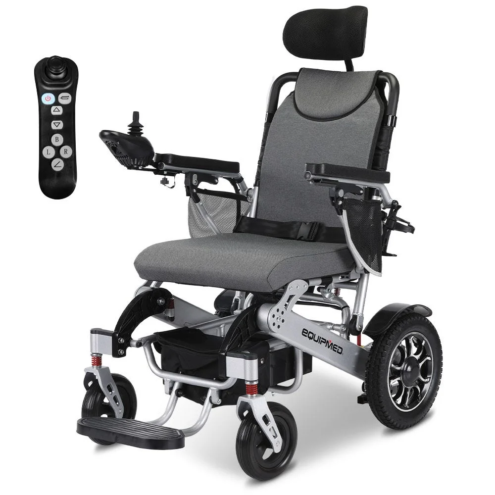EQUIPMED Power Electric Wheelchair, Long Range, Airline Approved, Alloy, Remote Control, Lithium Battery, Black/Silver