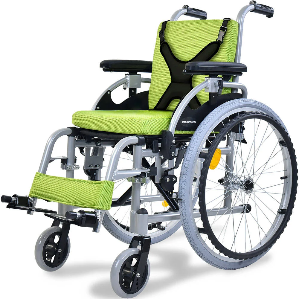 EQUIPMED Kids Premium Paediatric Wheelchair, Lightweight Aluminium, 22" Wheels, 75kg Rated, Green
