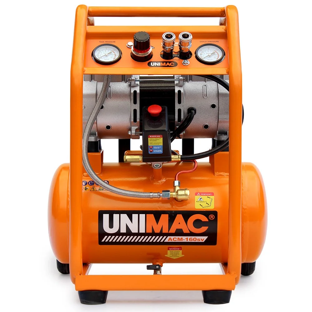 Unimac 16L Silent Oil-Free Electric Air Compressor, 116PSI Portable with Wheels and Handle, Twin Nitto Outlets for Airtools, Tyre Inflation