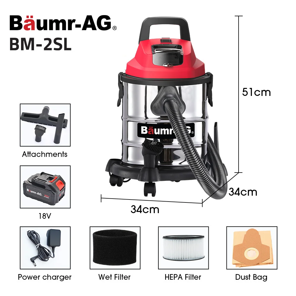Baumr-AG 20L Cordless Wet & Dry Vacuum Cleaner Kit, with 4Ah battery and Charger, Blower, HEPA Filter, Accessories, Stainless Steel, for Car, Home, Ga thumbnail 2