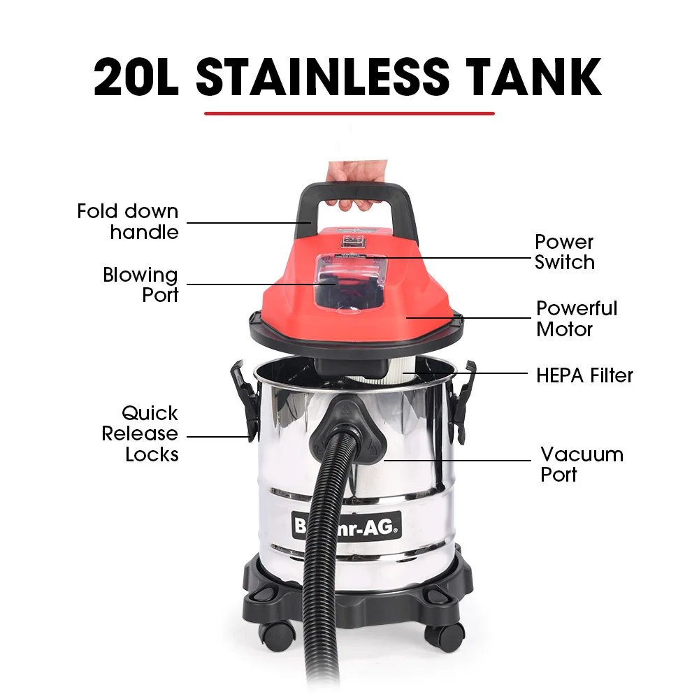 Baumr-AG 20L Cordless Wet & Dry Vacuum Cleaner Kit, with 4Ah battery and Charger, Blower, HEPA Filter, Accessories, Stainless Steel, for Car, Home, Ga thumbnail 4