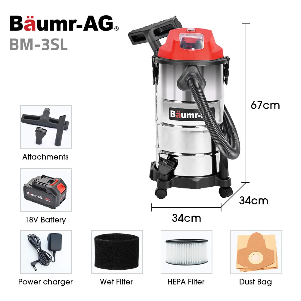 BAUMR-AG 30L Cordless Wet & Dry Vacuum Cleaner Kit, with 4Ah battery and Charger, Blower, HEPA Filter, Accessories, Stainless Steel, for Car, Home, Ga thumbnail 2