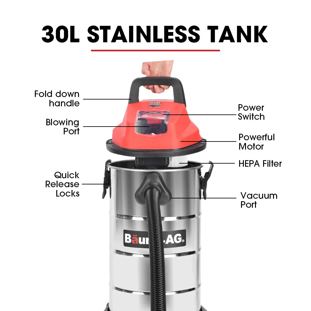 BAUMR-AG 30L Cordless Wet & Dry Vacuum Cleaner Kit, with 4Ah battery and Charger, Blower, HEPA Filter, Accessories, Stainless Steel, for Car, Home, Ga thumbnail 4