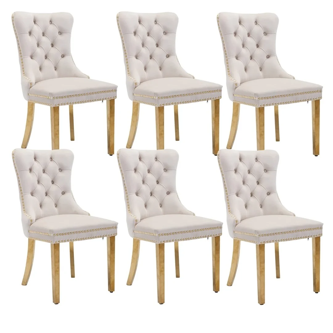 AADEN 6x Velvet Dining Chairs with Golden Metal Legs-Beige