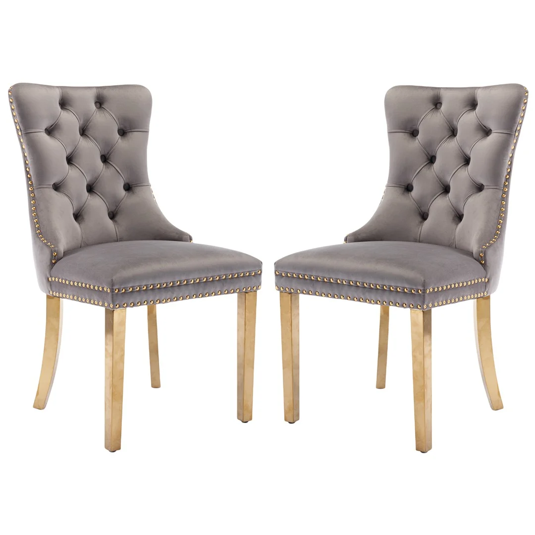 AADEN 2x Velvet Dining Chairs with Golden Metal Legs-Grey