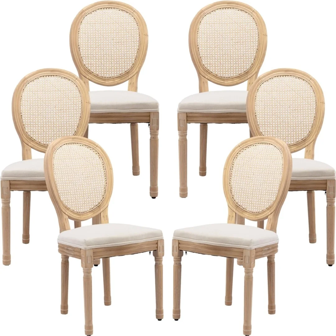 AADEN 6x Rattan Dining Chairs with Solid Wood Legs- Beige