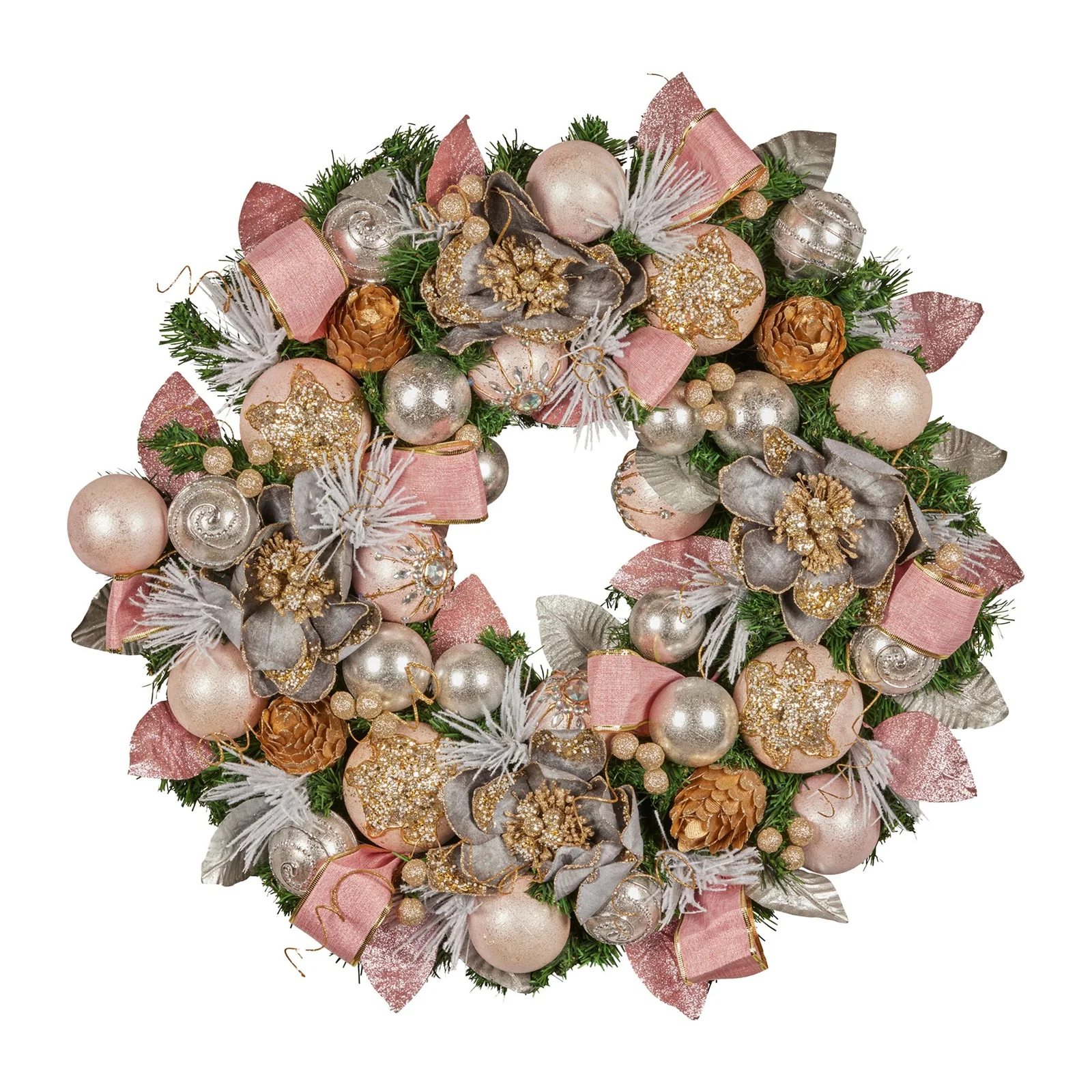 Christabelle 71cm Christmas Wreath Lush Pink Front Door Decoration Jewelled Baubles Flowers Pine Cones Ribbons Ornaments
