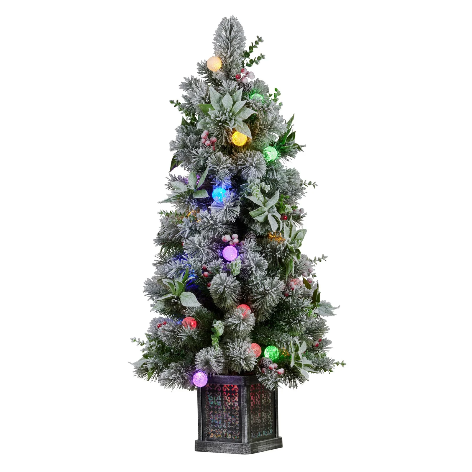Christabelle Snowy Crown Pine Potted Christmas Tree 1.2m Multicolour Pre-Lit with Snowball Lights