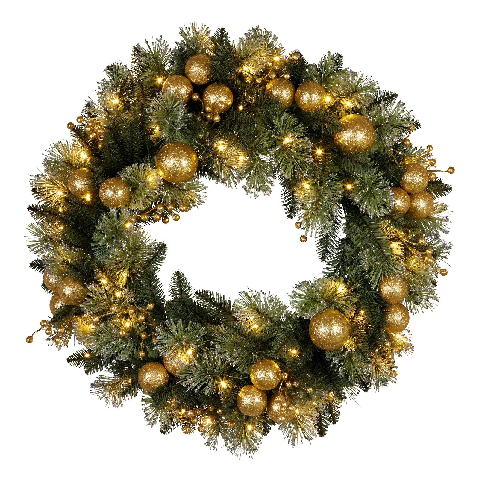 Christabelle 61cm Christmas Wreath Glittery Tipped with LED Lights and Golden Baubles Front Door Decoration Ornament