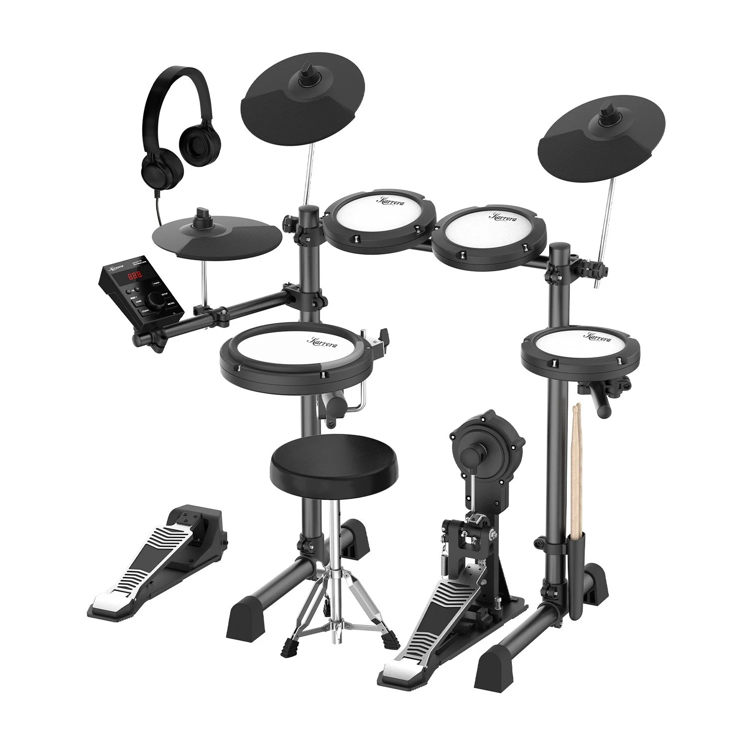 Karrera 18S Electronic Drum Kit Mesh Pads 8in Snare Bluetooth Sounds USB/MIDI Output Kick Pedals Drum Coach & Metronome
