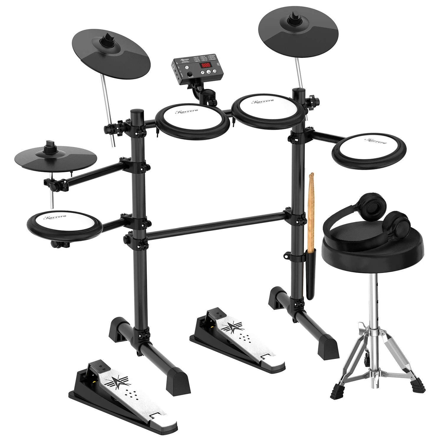Karrera TDX-16 Electronic Drum Kit with LCD, Toms, Snares Quiet Mesh Pads & Pedals, Adjustable Stool, Headphones