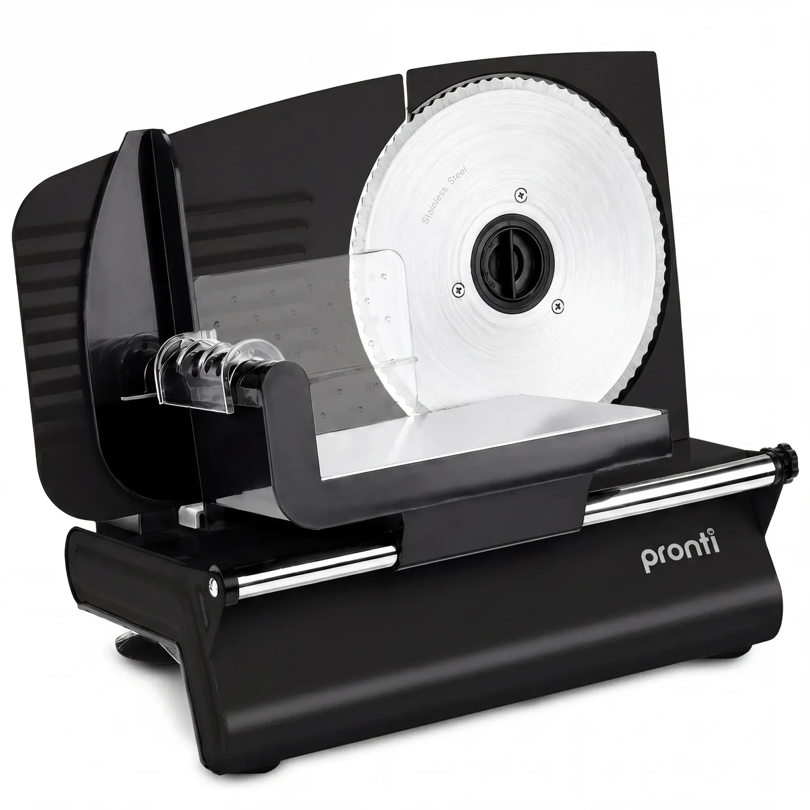 Pronti Black Electric Food Slicer 200W with Adjustable Thickness 1 to 15mm Serrated and Fine Edge Stainless Steel Blades