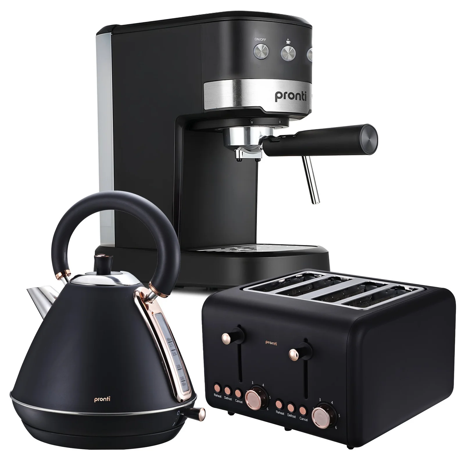 Pronti Breakfast Set with Rose Gold Kettle & Toaster with 1.2L Espresso Machine - Black